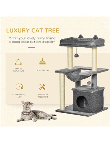 PawHut Cat Tree, 90cm Cat Tower with Sisal Scratching Posts, Cat Condo, Hammock, Top Perch and 2 Hanging Toys for Cats, Grey