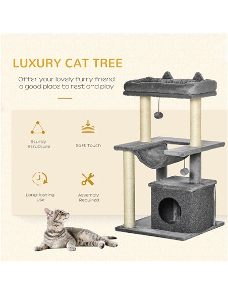 PawHut Cat Tree, 90cm Cat Tower with Sisal Scratching Posts, Cat Condo, Hammock, Top Perch and 2 Hanging Toys for Cats, Grey - pic 213364 | FastDaddyshop