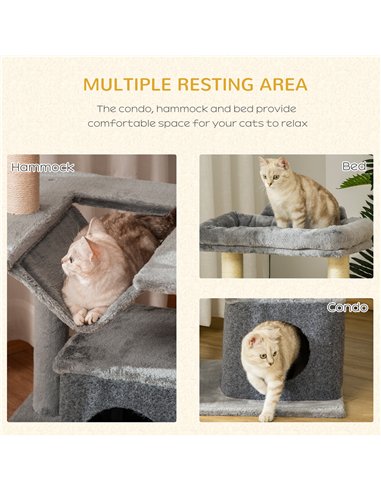 PawHut Cat Tree, 90cm Cat Tower with Sisal Scratching Posts, Cat Condo, Hammock, Top Perch and 2 Hanging Toys for Cats, Grey