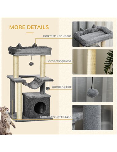 PawHut Cat Tree, 90cm Cat Tower with Sisal Scratching Posts, Cat Condo, Hammock, Top Perch and 2 Hanging Toys for Cats, Grey