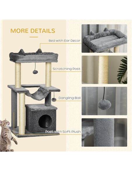 PawHut Cat Tree, 90cm Cat Tower with Sisal Scratching Posts, Cat Condo, Hammock, Top Perch and 2 Hanging Toys for Cats, Grey - pic 213367 | FastDaddyshop