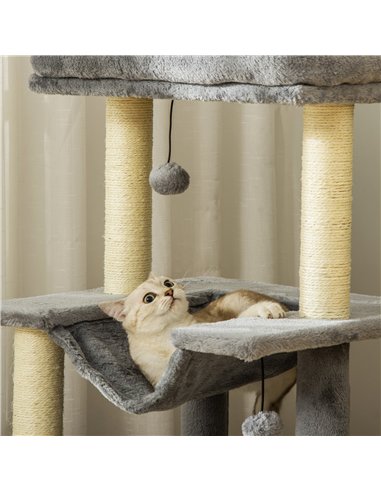 PawHut Cat Tree, 90cm Cat Tower with Sisal Scratching Posts, Cat Condo, Hammock, Top Perch and 2 Hanging Toys for Cats, Grey