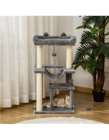 PawHut Cat Tree, 90cm Cat Tower with Sisal Scratching Posts, Cat Condo, Hammock, Top Perch and 2 Hanging Toys for Cats, Grey