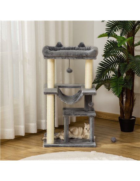 PawHut Cat Tree, 90cm Cat Tower with Sisal Scratching Posts, Cat Condo, Hammock, Top Perch and 2 Hanging Toys for Cats, Grey - pic 213369 | FastDaddyshop