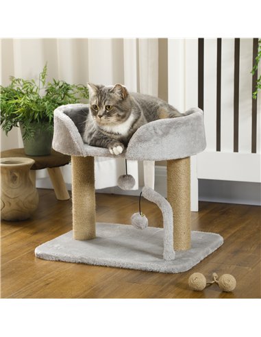 PawHut 42cm Indoor Cat Tree, with Toy Balls, Jute Scratching Post - Light Grey
