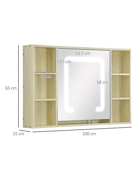Kleankin LED Bathroom Wall Mounted Dimmable Cabinet with Mirrored Door, Natural - pic 21338 | FastDaddyshop