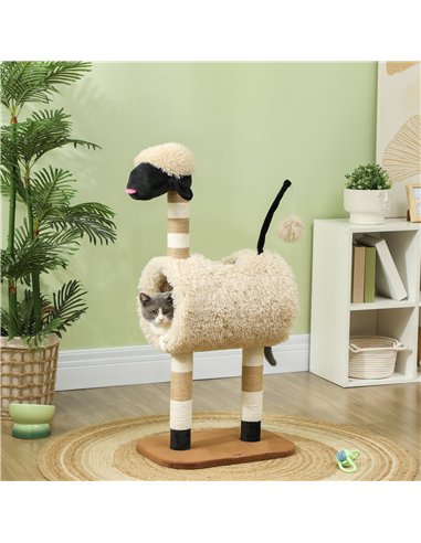 PawHut Cat Tree Sheep Design, 98 cm Multi-Level Cat Tower with Scratching Posts, Tunnel & Play Ball, Light Brown