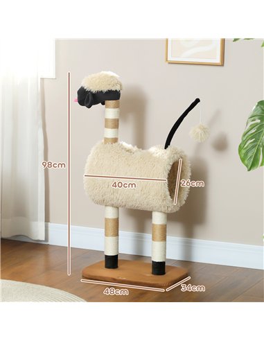 PawHut Cat Tree Sheep Design, 98 cm Multi-Level Cat Tower with Scratching Posts, Tunnel & Play Ball, Light Brown