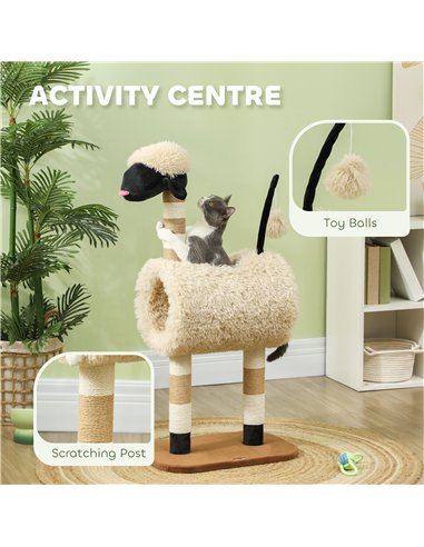 PawHut Cat Tree Sheep Design, 98 cm Multi-Level Cat Tower with Scratching Posts, Tunnel & Play Ball, Light Brown