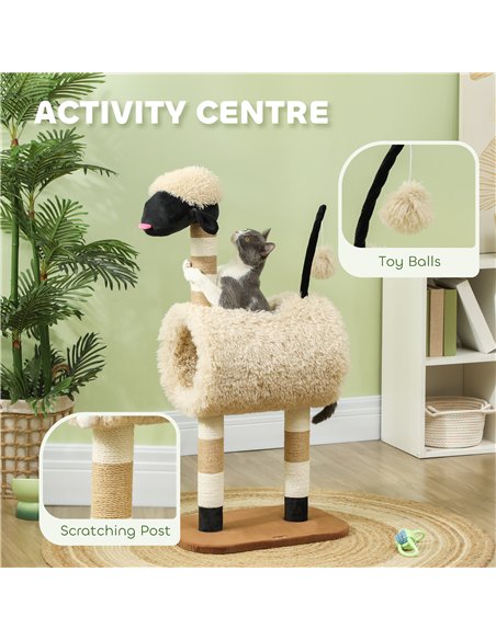 PawHut Cat Tree Sheep Design, 98 cm Multi-Level Cat Tower with Scratching Posts, Tunnel & Play Ball, Light Brown - pic 213382 | FastDaddyshop
