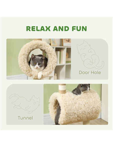 PawHut Cat Tree Sheep Design, 98 cm Multi-Level Cat Tower with Scratching Posts, Tunnel & Play Ball, Light Brown - pic 213383 | FastDaddyshop