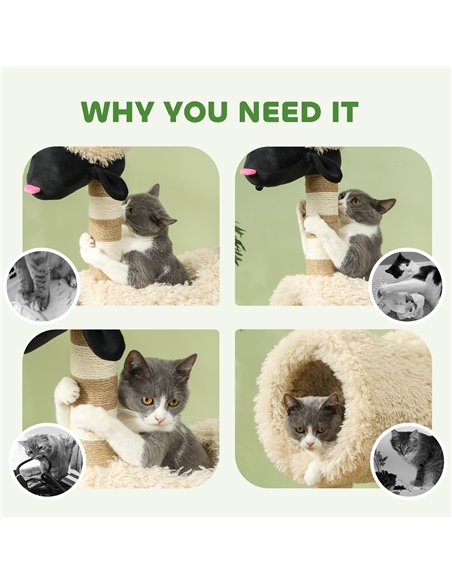 PawHut Cat Tree Sheep Design, 98 cm Multi-Level Cat Tower with Scratching Posts, Tunnel & Play Ball, Light Brown - pic 213384 | FastDaddyshop