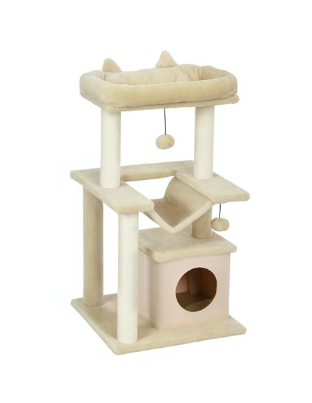 PawHut Cat Tree, 90cm Cat Tower with Sisal Scratching Posts, Cat Condo, Hammock, Top Perch and 2 Hanging Toys for Cats, Beige - pic 213388 | FastDaddyshop