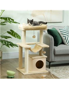 PawHut Cat Tree, 90cm Cat Tower with Sisal Scratching Posts, Cat Condo, Hammock, Top Perch and 2 Hanging Toys for Cats, Beige 2