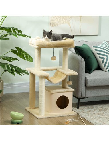 PawHut Cat Tree, 90cm Cat Tower with Sisal Scratching Posts, Cat Condo, Hammock, Top Perch and 2 Hanging Toys for Cats, Beige