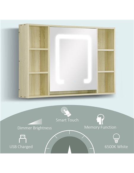 Kleankin LED Bathroom Wall Mounted Dimmable Cabinet with Mirrored Door, Natural - pic 21339 | FastDaddyshop