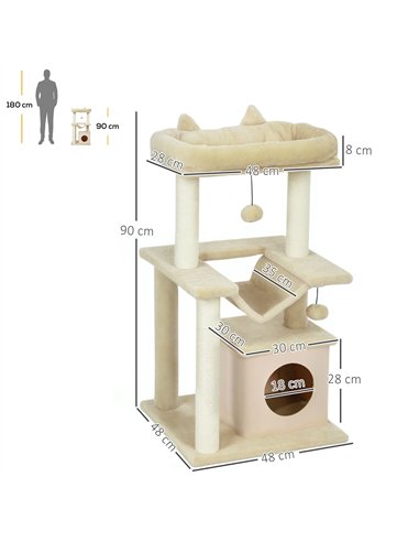 PawHut Cat Tree, 90cm Cat Tower with Sisal Scratching Posts, Cat Condo, Hammock, Top Perch and 2 Hanging Toys for Cats, Beige