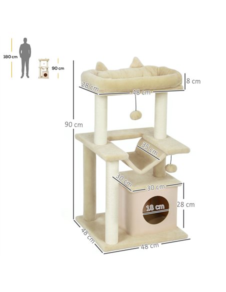 PawHut Cat Tree, 90cm Cat Tower with Sisal Scratching Posts, Cat Condo, Hammock, Top Perch and 2 Hanging Toys for Cats, Beige - pic 213390 | FastDaddyshop
