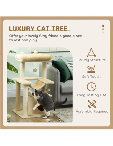 PawHut Cat Tree, 90cm Cat Tower with Sisal Scratching Posts, Cat Condo, Hammock, Top Perch and 2 Hanging Toys for Cats, Beige
