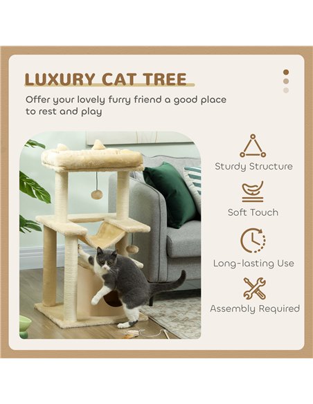 PawHut Cat Tree, 90cm Cat Tower with Sisal Scratching Posts, Cat Condo, Hammock, Top Perch and 2 Hanging Toys for Cats, Beige - pic 213391 | FastDaddyshop
