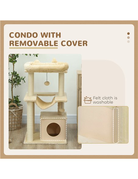 PawHut Cat Tree, 90cm Cat Tower with Sisal Scratching Posts, Cat Condo, Hammock, Top Perch and 2 Hanging Toys for Cats, Beige - pic 213393 | FastDaddyshop