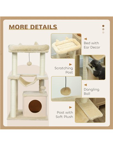 PawHut Cat Tree, 90cm Cat Tower with Sisal Scratching Posts, Cat Condo, Hammock, Top Perch and 2 Hanging Toys for Cats, Beige