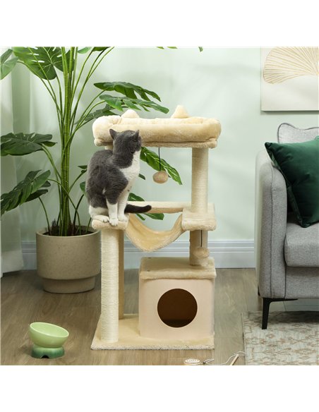PawHut Cat Tree, 90cm Cat Tower with Sisal Scratching Posts, Cat Condo, Hammock, Top Perch and 2 Hanging Toys for Cats, Beige - pic 213395 | FastDaddyshop