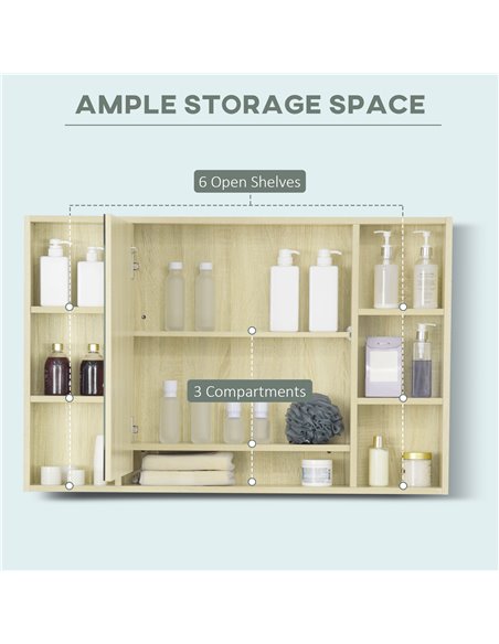 Kleankin LED Bathroom Wall Mounted Dimmable Cabinet with Mirrored Door, Natural - pic 21340 | FastDaddyshop