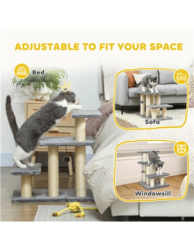 PawHut Pet Steps for Bed, 3 Step Adjustable Pet Stairs for Sofa with 6 Sisal Scratching Posts for Small Dogs & Cats, Grey