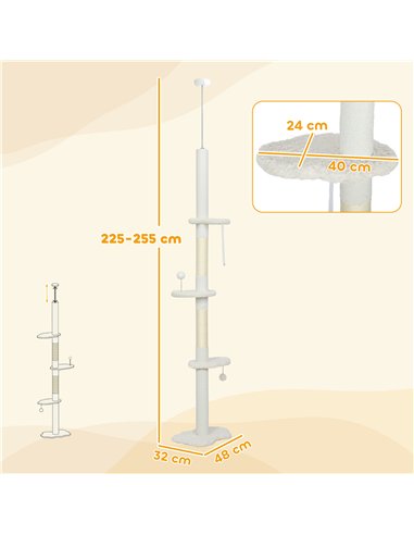 PawHut 225-255 cm Adjustable Cat Climbing Tower with Sisal Scratching Posts, 2 Hanging Play Balls and Anti-Tip Strap, Beige