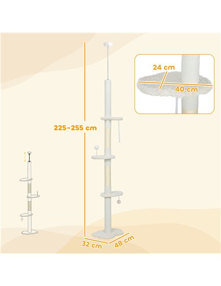 PawHut 225-255 cm Adjustable Cat Climbing Tower with Sisal Scratching Posts, 2 Hanging Play Balls and Anti-Tip Strap, Beige - pic 213408 | FastDaddyshop