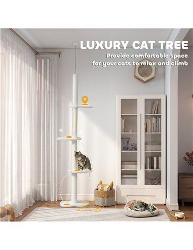 PawHut 225-255 cm Adjustable Cat Climbing Tower with Sisal Scratching Posts, 2 Hanging Play Balls and Anti-Tip Strap, Beige