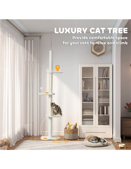 PawHut 225-255 cm Adjustable Cat Climbing Tower with Sisal Scratching Posts, 2 Hanging Play Balls and Anti-Tip Strap, Beige - pic 213409 | FastDaddyshop