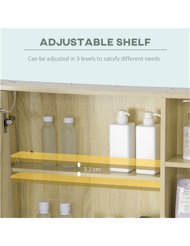 Kleankin LED Bathroom Mirror Cabinet, Wall Mounted Dimmable Medicine Cabinet with Adjustable Shelf and Mirrored Door, Natural