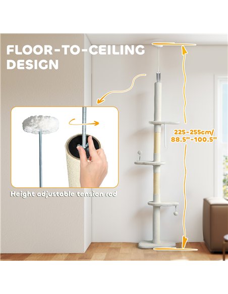 PawHut 225-255 cm Adjustable Cat Climbing Tower with Sisal Scratching Posts, 2 Hanging Play Balls and Anti-Tip Strap, Beige - pic 213410 | FastDaddyshop