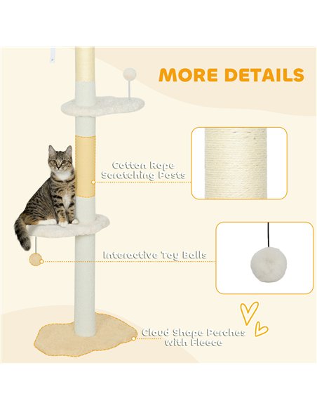 PawHut 225-255 cm Adjustable Cat Climbing Tower with Sisal Scratching Posts, 2 Hanging Play Balls and Anti-Tip Strap, Beige - pic 213411 | FastDaddyshop