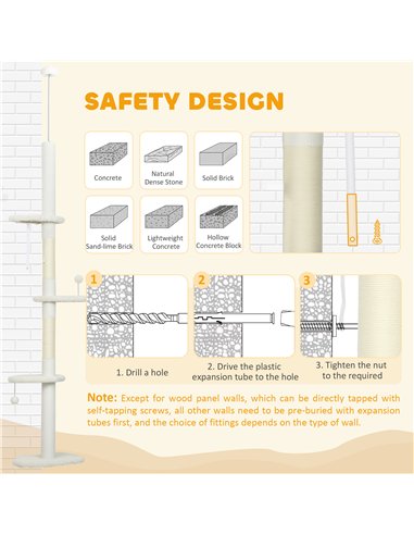 PawHut 225-255 cm Adjustable Cat Climbing Tower with Sisal Scratching Posts, 2 Hanging Play Balls and Anti-Tip Strap, Beige