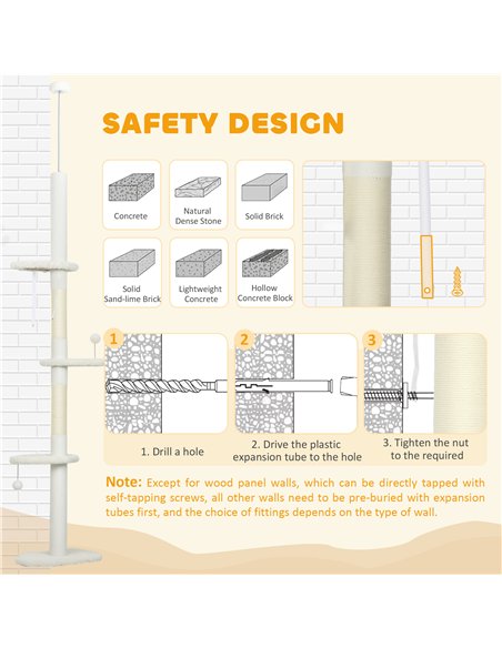 PawHut 225-255 cm Adjustable Cat Climbing Tower with Sisal Scratching Posts, 2 Hanging Play Balls and Anti-Tip Strap, Beige - pic 213412 | FastDaddyshop