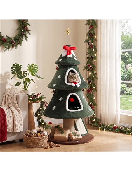 PawHut Cat Tree, Christmas Cat Tower with Dual Condos, Sisal Ladder, Jute Posts, Anti-Tip Rope, Hanging Balls, 60 x 60 x 132 cm - pic 213416 | FastDaddyshop