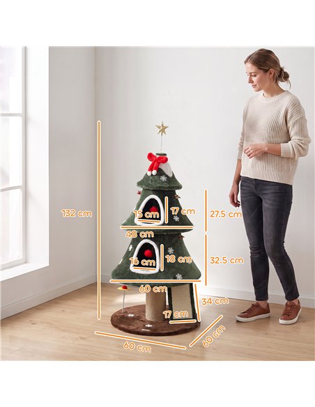 PawHut Cat Tree, Christmas Cat Tower with Dual Condos, Sisal Ladder, Jute Posts, Anti-Tip Rope, Hanging Balls, 60 x 60 x 132 cm - pic 213417 | FastDaddyshop