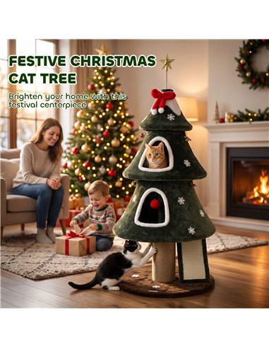 PawHut Cat Tree, Christmas Cat Tower with Dual Condos, Sisal Ladder, Jute Posts, Anti-Tip Rope, Hanging Balls, 60 x 60 x 132 cm