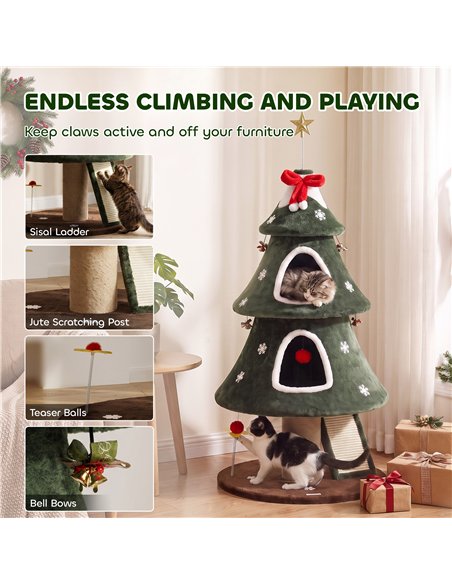 PawHut Cat Tree, Christmas Cat Tower with Dual Condos, Sisal Ladder, Jute Posts, Anti-Tip Rope, Hanging Balls, 60 x 60 x 132 cm - pic 213421 | FastDaddyshop