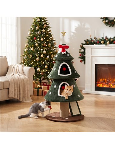 PawHut Cat Tree, Christmas Cat Tower with Dual Condos, Sisal Ladder, Jute Posts, Anti-Tip Rope, Hanging Balls, 60 x 60 x 132 cm
