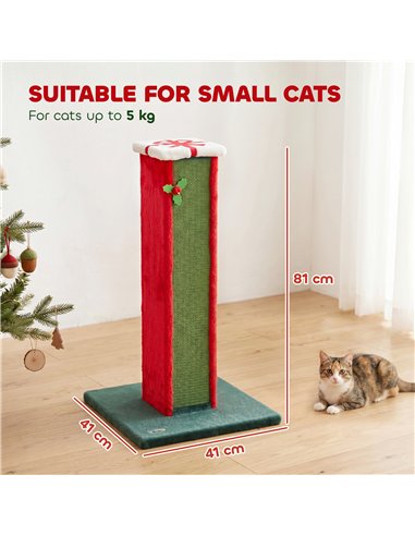 PawHut Cat Scratching Post for Indoor Cats, 81cm Tall Cat Scratcher with Sisal Rope, Hanging Bell Toy, Stable Base, Green & Red