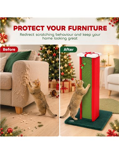 PawHut Cat Scratching Post for Indoor Cats, 81cm Tall Cat Scratcher with Sisal Rope, Hanging Bell Toy, Stable Base, Green & Red