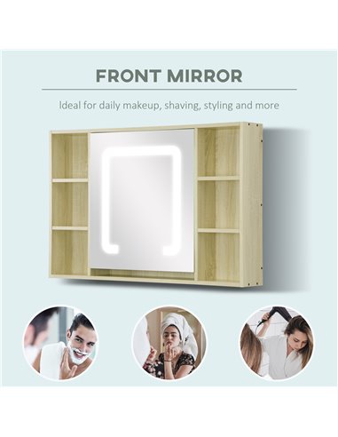 Kleankin LED Bathroom Mirror Cabinet, Wall Mounted Dimmable Medicine Cabinet with Adjustable Shelf and Mirrored Door, Natural