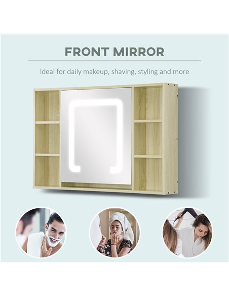Kleankin LED Bathroom Mirror Cabinet, Wall Mounted Dimmable Medicine Cabinet with Adjustable Shelf and Mirrored Door, Natural - pic 21343 | FastDaddyshop