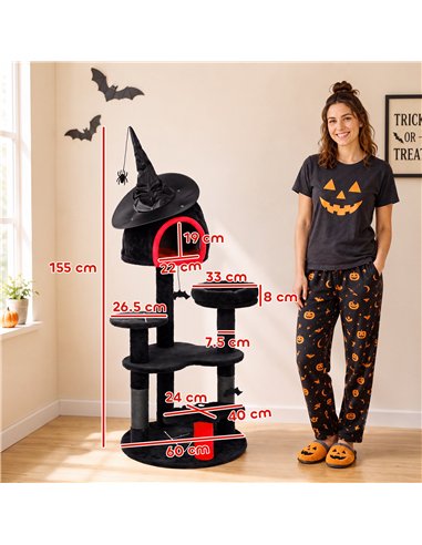 PawHut Gothic Cat Tree, 155cm Cat Tower for Indoor Kittens, Multi-Level Stable Kitten Activity Centre, Black, Halloween