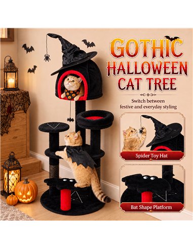 PawHut Gothic Cat Tree, 155cm Cat Tower for Indoor Kittens, Multi-Level Stable Kitten Activity Centre, Black, Halloween
