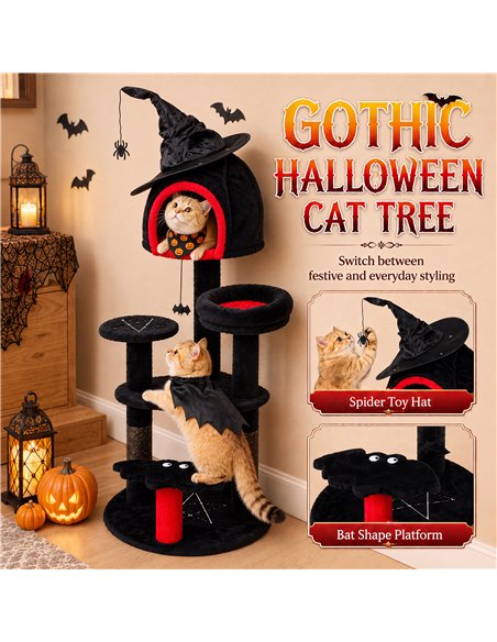 PawHut Gothic Cat Tree, 155cm Cat Tower for Indoor Kittens, Multi-Level Stable Kitten Activity Centre, Black, Halloween - pic 213445 | FastDaddyshop
